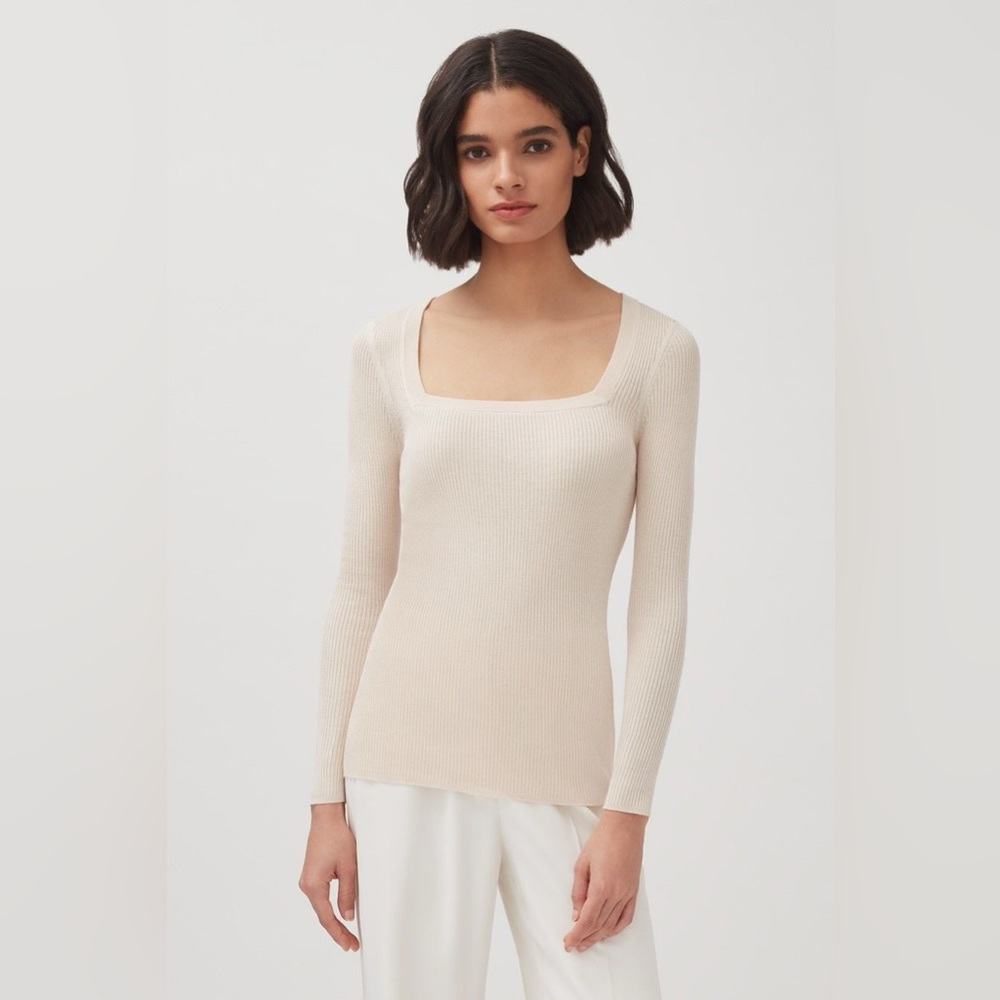 Cuyana Cotton Cashmere Square Neck Ribbed Sweater, Ivory